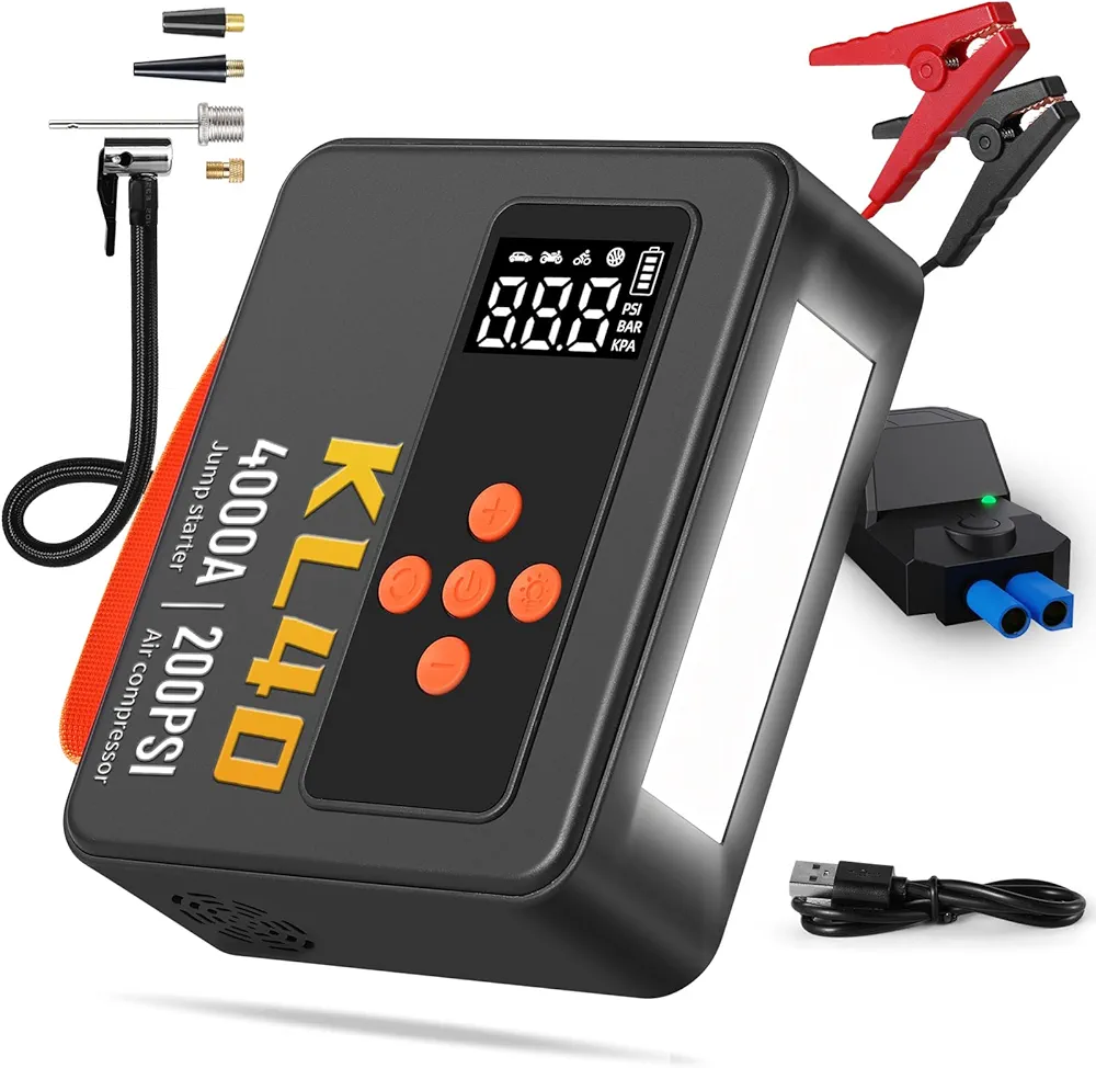 KL40 Jump Starter, Tire Inflator Portable Air Compressor, 4000A Peak 200PSI & 4X Faster, 26000mAh 12V Car Battery Jump Starter (9L Gas/7L Diesel), Portable Tire Inflator For Car, E-Bike(Black)