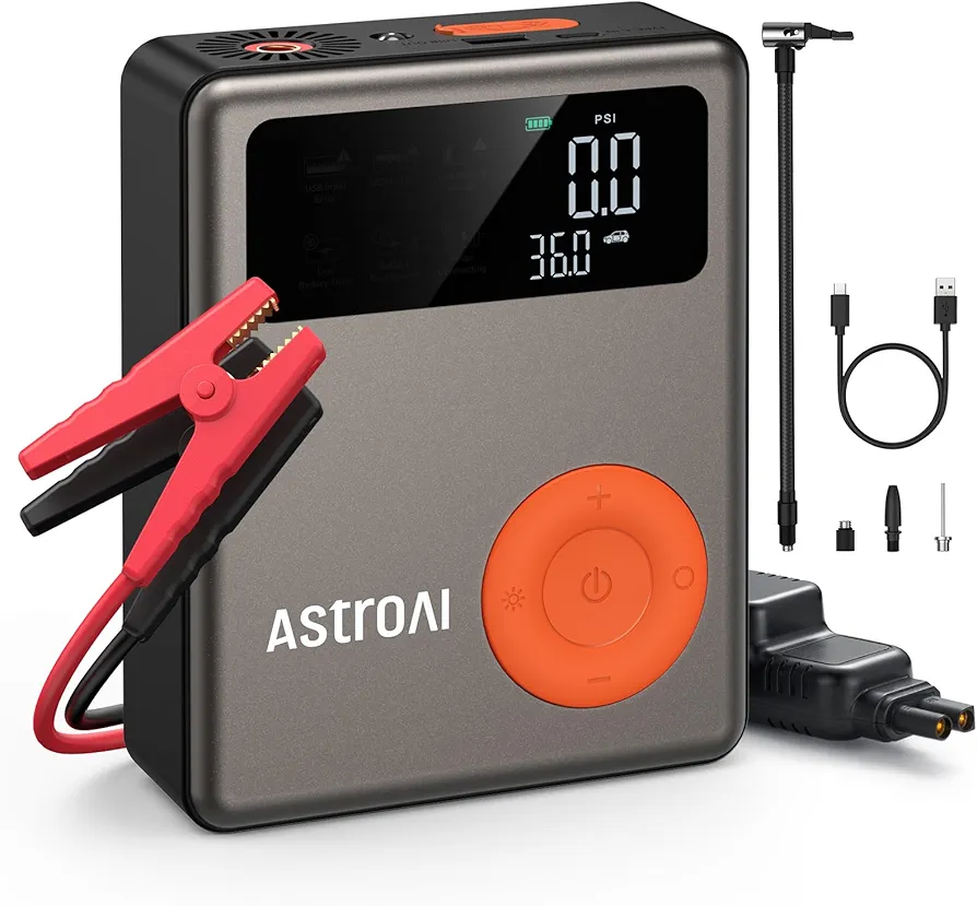 AstroAI Portable Car Jump Starter with Air Compressor, 150PSI 1750A Car Battery Jump Starter Battery Pack with Tire Inflator (7.5 Gas/5.0L Diesel), 12V Car Jump Box, Large LCD Display, Lights