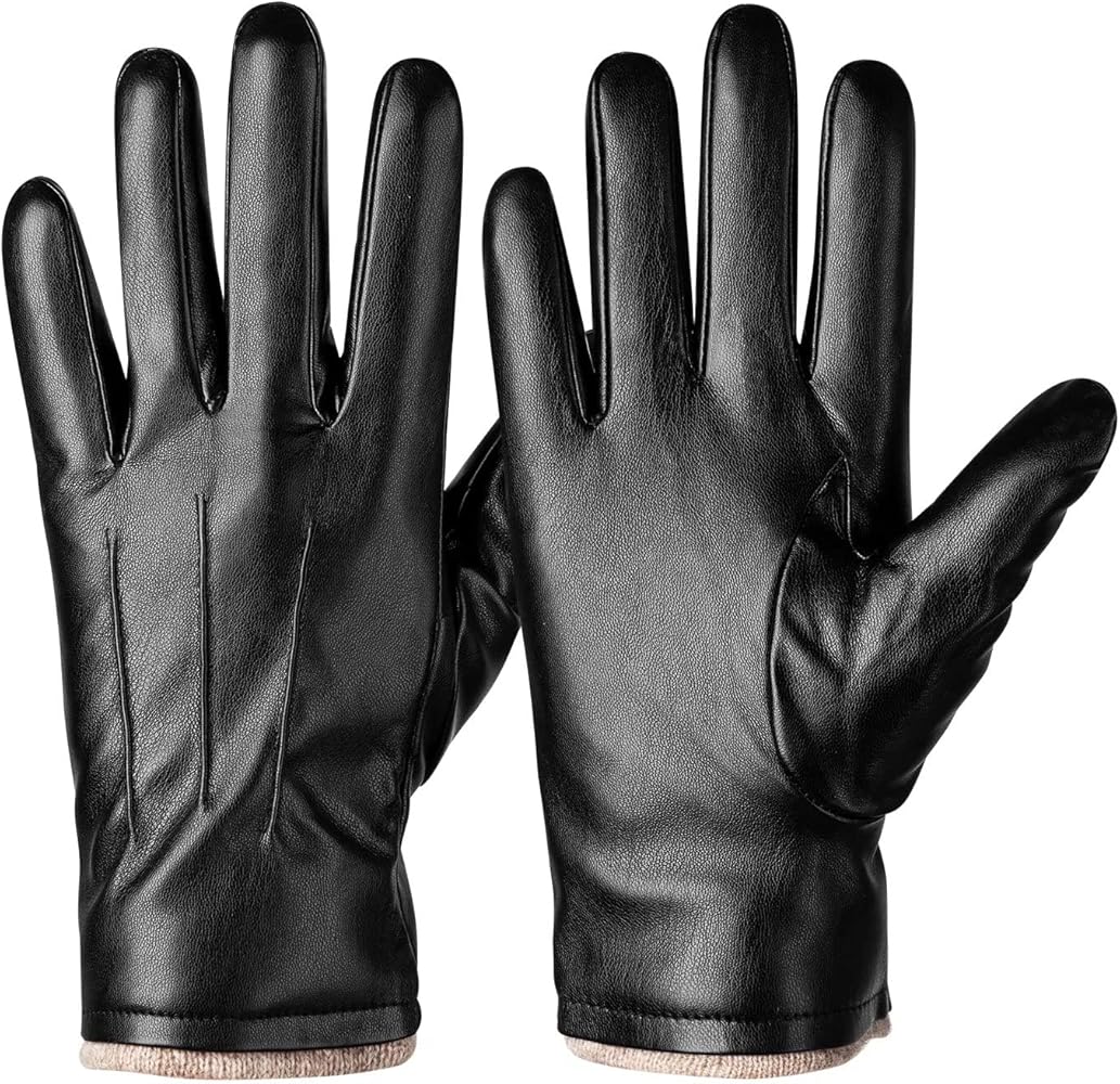 Alepo Winter PU Leather Gloves For Men, Warm Thermal Touchscreen Texting Typing Dress Driving Motorcycle Gloves Wool Lining