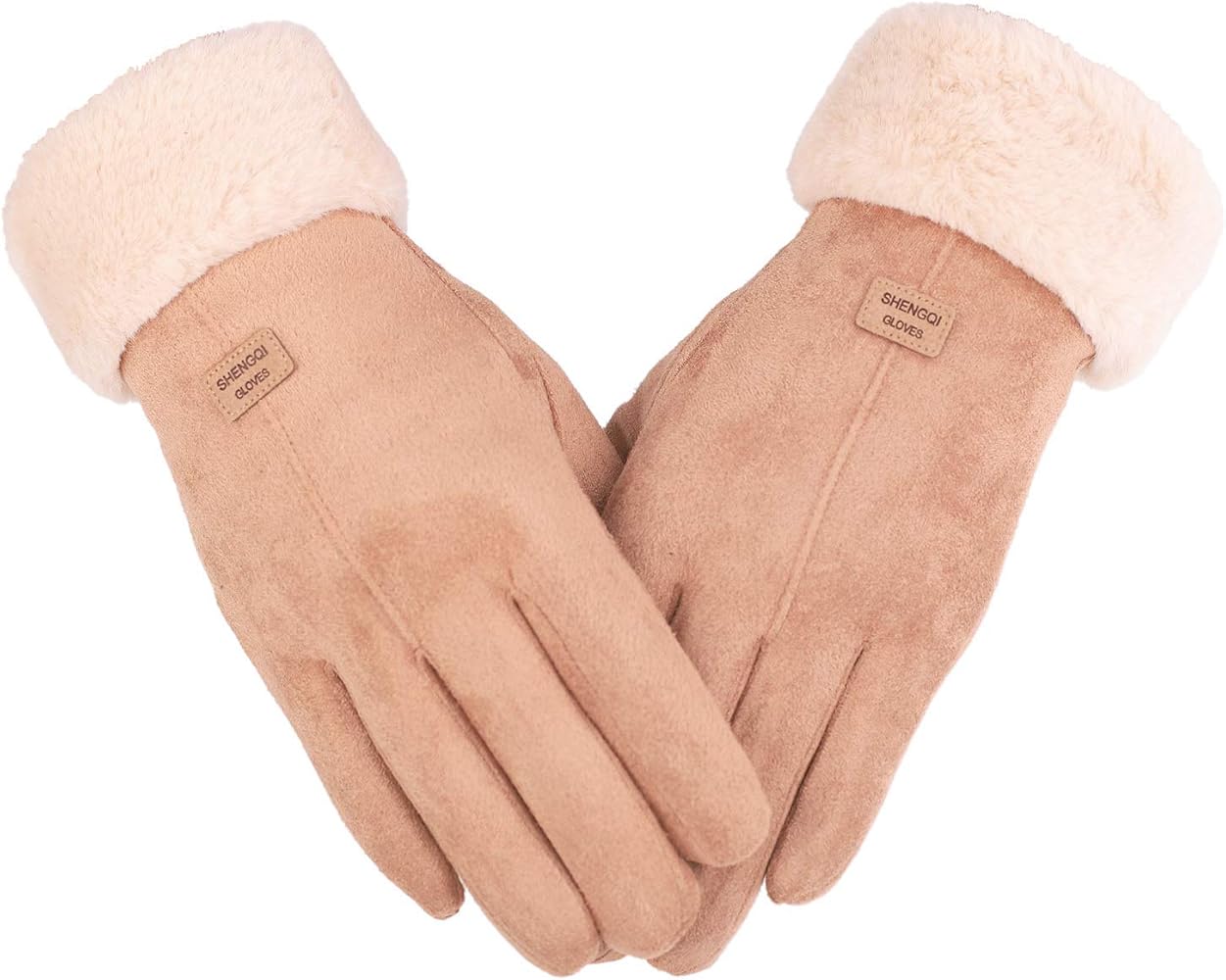 F Flammi Women Winter Suede Gloves Fur Cuffs Touchscreen Gloves Soft Warm Fleece Lined Gloves