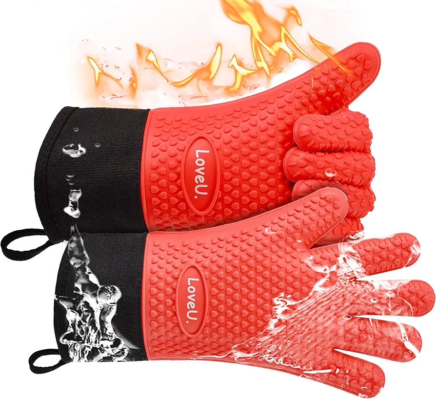 Kitchen Oven Gloves - Silicone Double-Layer Heat Resistant Oven Mitts/BBQ Gloves/Grill Gloves - Perfect for Baking and Grilling - 1 Pair (Small, Red Long)