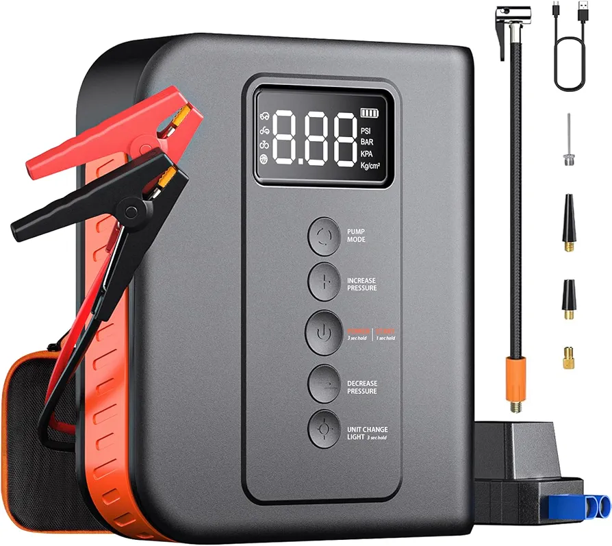 Portable Car Jump Starter with Air Compressor, 1000A 150PSI Car Battery Jump Starter (7L Gas/5.5L Diesel), 12V Battery Pack, Jump Box Car Battery Jumper Starter, Large LCD Display, Lights