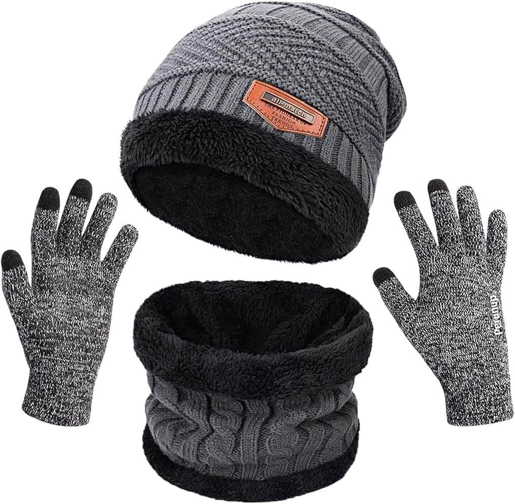 MAYLISACC Winter Knit Beanie Hat Neck Warmer Scarf and Touch Screen Gloves Set 3 Pcs Fleece Lined Skull Cap for Men Women