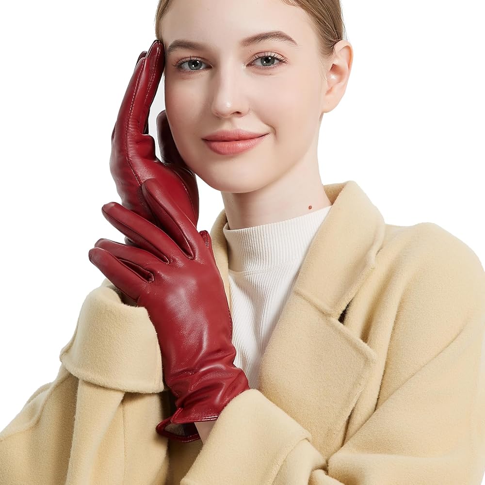 Leather Gloves for Women Winter Full Touch Screen Genuine Leather Warm Cashmere Knitted Lining