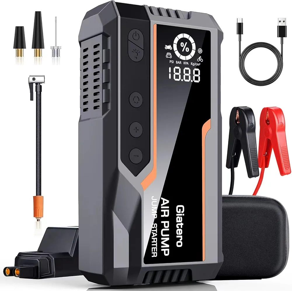 Jump Starter with Air Compressor, 4000A 150PSI Car Battery Jump Starter Portable (All Gas/10.0L Diesel), 12V Jump Box Battery Pack with Large LCD Display, 3 Modes Flashlight and Storage Bag