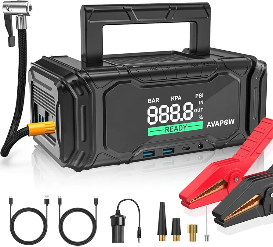 AVAPOW Car Battery Jump Starter 4000A Peak with Air Compressor, 12V 150PSI Portable Jumpstart with Force Start Function, Portable Starters for Up to 8L Gas 8L Diesel Engine, PD 60W Fast Charging