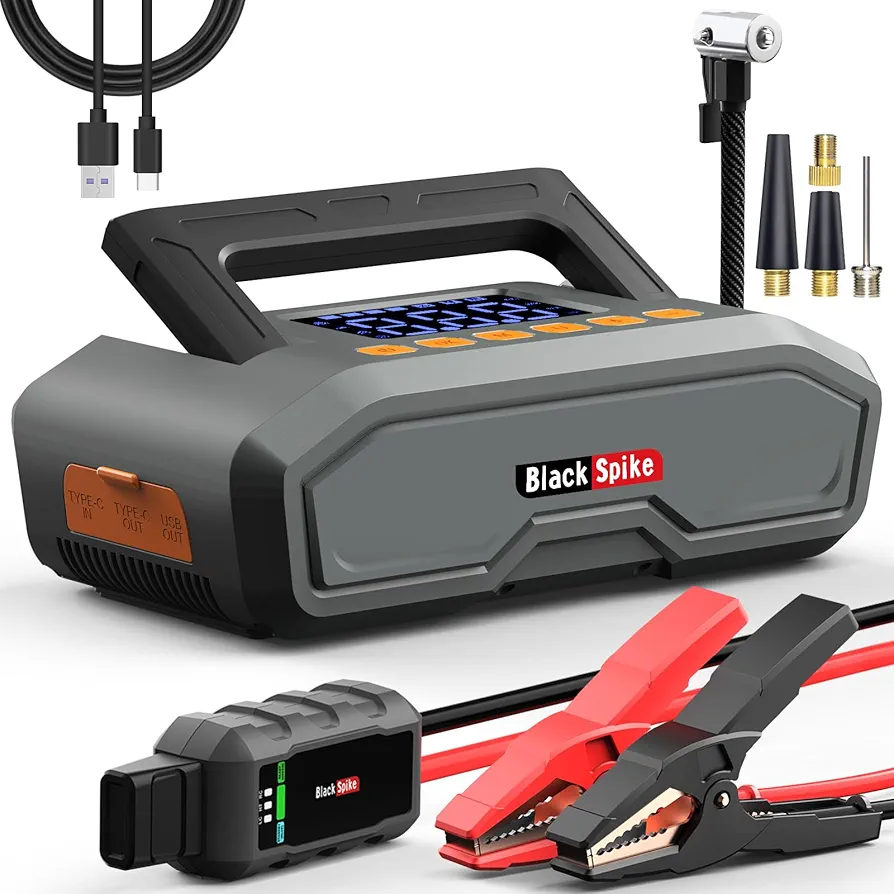 Portable Car Jump Starter with Air Compressor, 26800mAh Portable Jump Starter Battery Pack with Dual Type-C Ports, Jump Booster Box with 3.7" LCD Display, Lights, Jump Cable