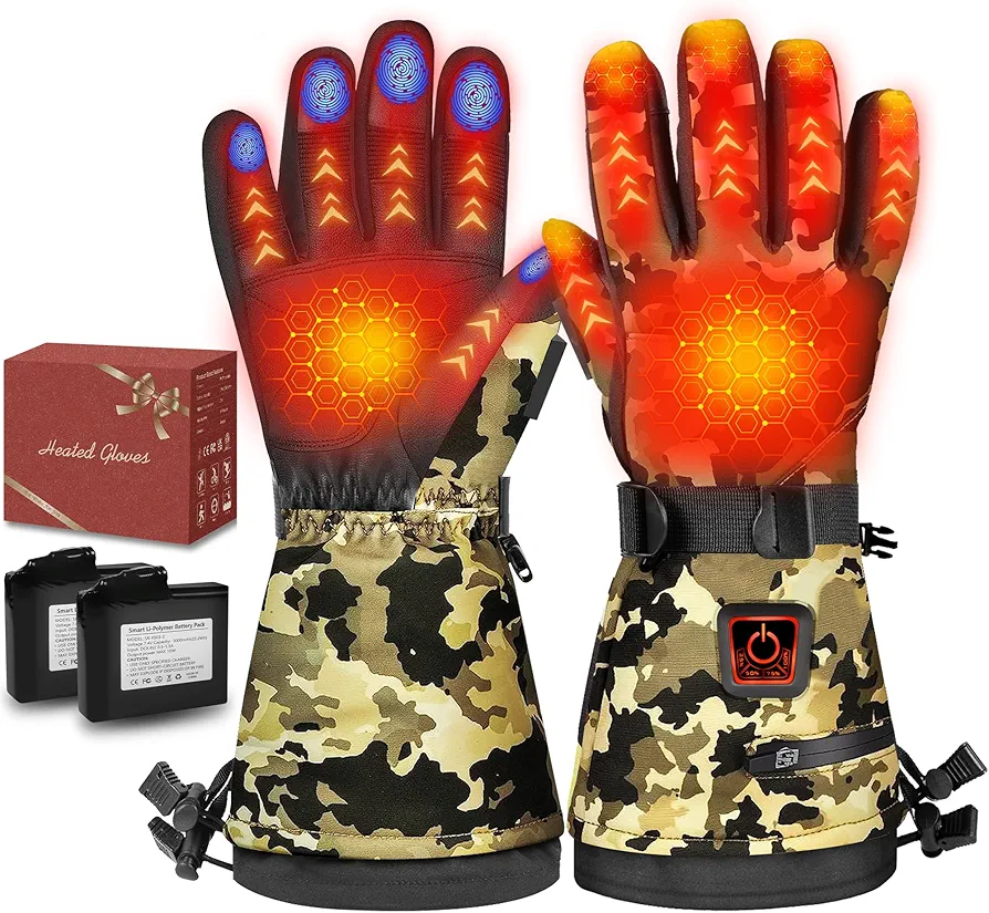 Heated Gloves for Men Women, 2024 Ski Winter Gloves 7.4V 22.2Wh Rechargeable Battery, Waterproof & Double Windproof Electric Heated Gloves, Camo Gloves for Outdoor Skiing Hunting Hiking Camping