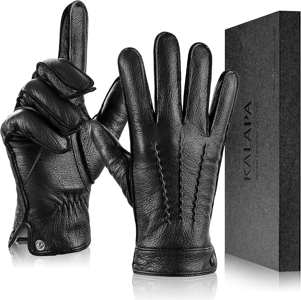 Kalapa Genuine Sheepskin Leather Gloves for Men, Winter Warm Touchscreen Driving Motorcycle Gloves with Cashmere Lined