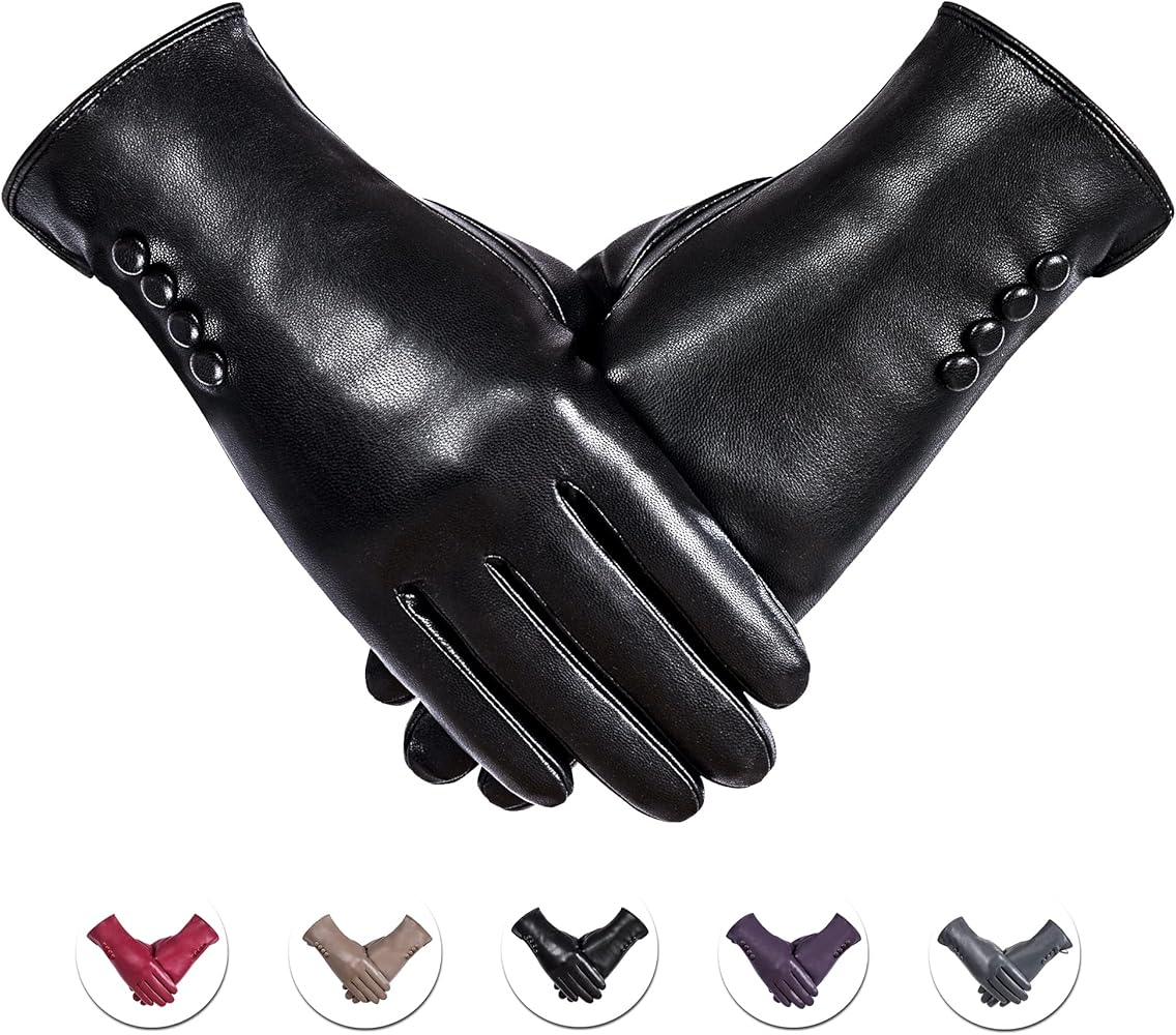 Alepo Winter PU Leather Gloves For Women, Warm Thermal Touchscreen Texting Typing Dress Driving Motorcycle Gloves Wool Lining