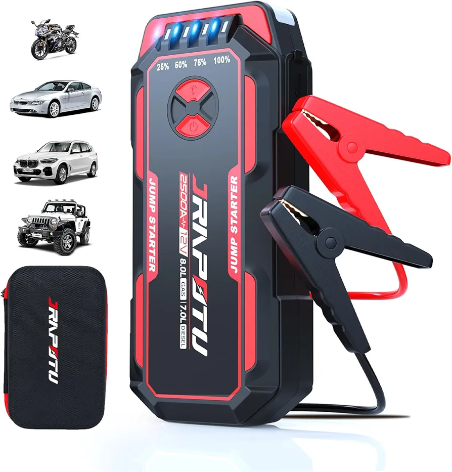 Portable Car Jump Starter, 2500A Peak Battery Jumper Starter Portable, Jump Box for Car Battery, 12V Portable Jump Starter for 8.0L Gas & 7.0L Diesel Cars with USB Ports & LED Flashlight