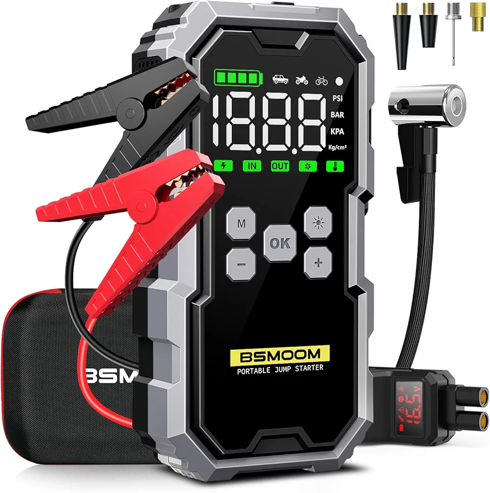 Jump Starter with Air Compressor, 6000A 150PSI Jump Starter Battery Pack (All Gas/10L Diesel), Digital Tire Inflator, with Type-C Quick Charge, Smart Jumper, and LED Lights