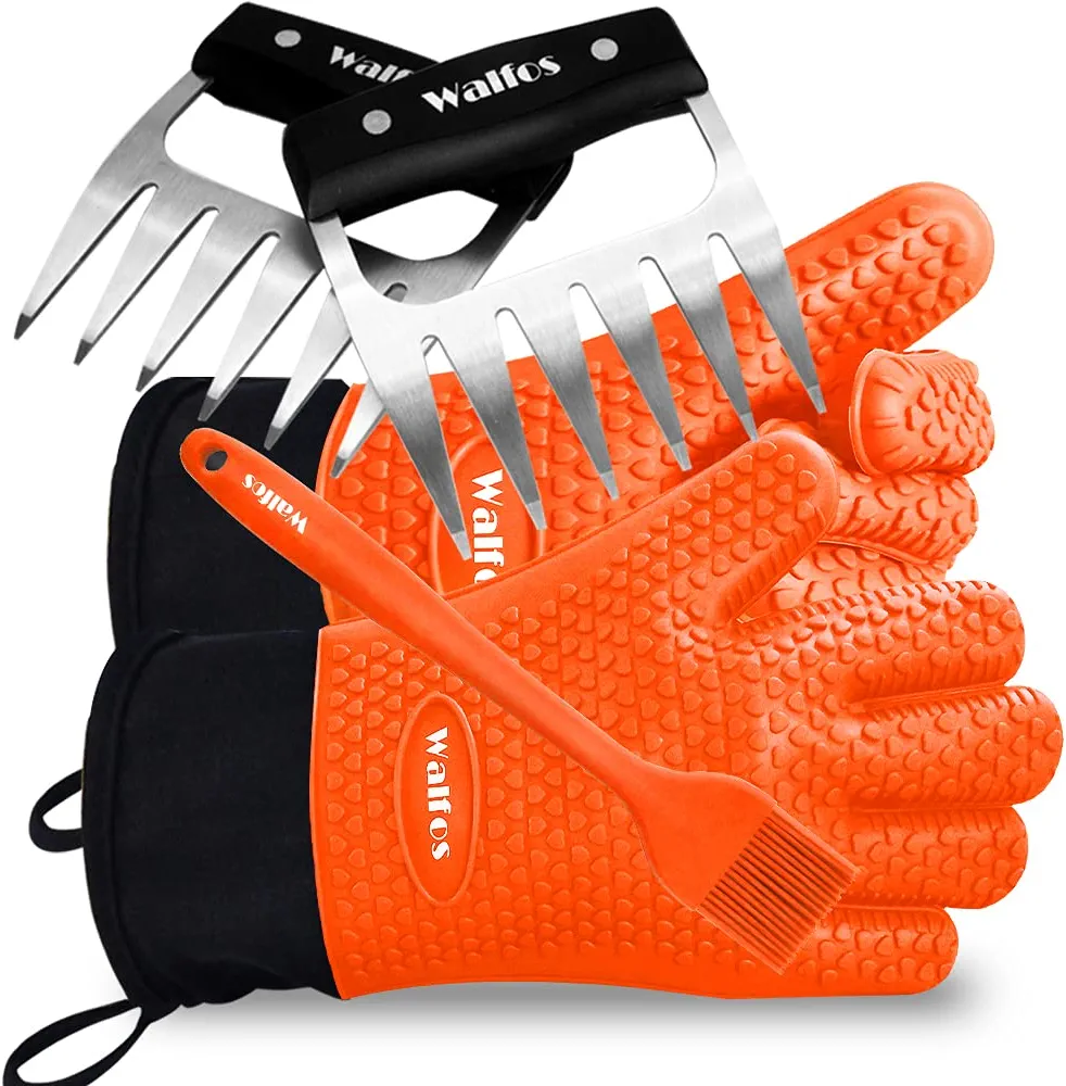 Walfos Silicone BBQ Gloves - Heat Resistant Grilling Gloves Set with Pork Shredder Claws & Brush, Non-Slip Kitchen Silicone Oven Mitt with Protective Cotton Layer, Suit for Indoor & Outdoor, Orange