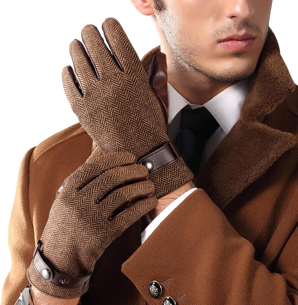 LADYBRO Herringbone Gloves for Men - Mens Glove Tweed Gloves Touchscreen Gloves Winter Warm Lined Driving Gloves Black Brown