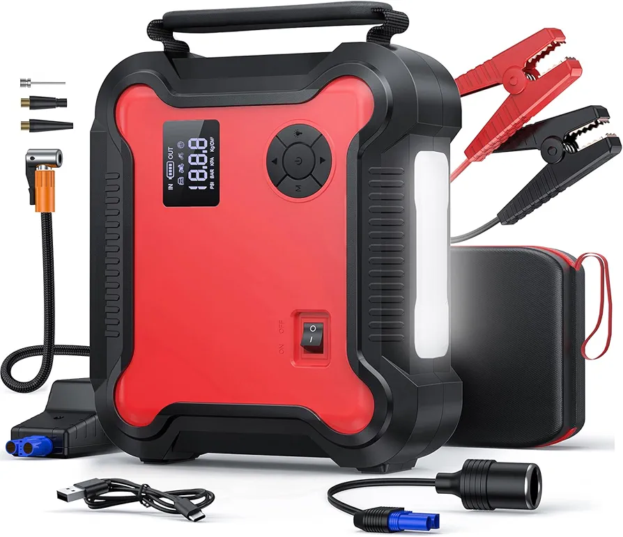 Portable Car Jump Starter with Air Compressor, 6000A 26800mAh 150PSI Battery Booster Pack (All Gas/8.0L Diesel) Cordless Digital Tire Inflator, Fast Battery Charger 3.0 with 160W DC, Emergency Light