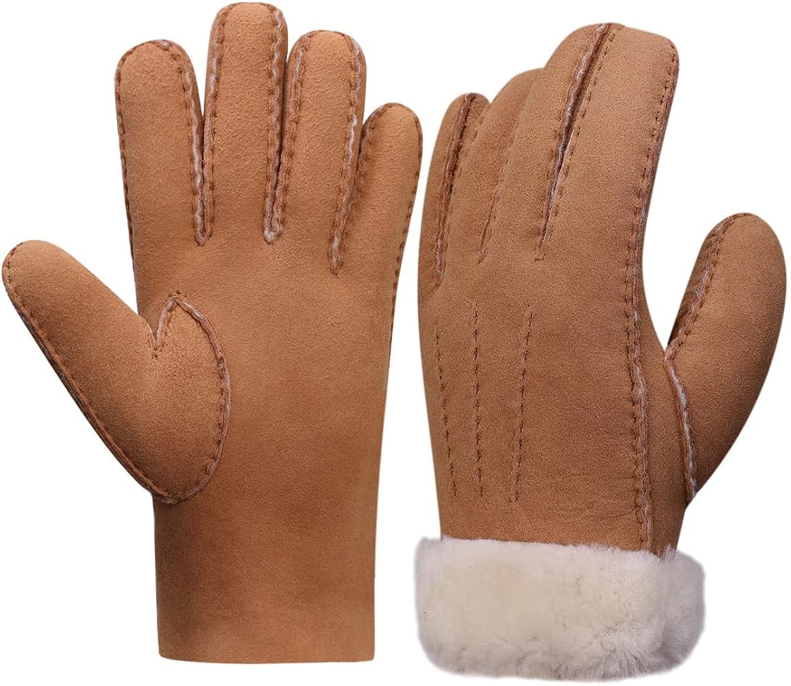 Harssidanzar Men Leather Gloves,Shearling Fur Cuff Thick Wool Lined for Winter Cold Weather Driving Gloves KM043US