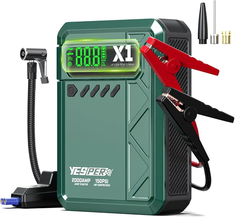 YESPER Car Jump Starter with Air Compressor, 2000A Peak Portable Jump Pack with 150PSI Digital Tire Inflator, 12V 12000mAh Battery Charger Jumper Starter for Up to 8L Gas & 6L Diesel Engines