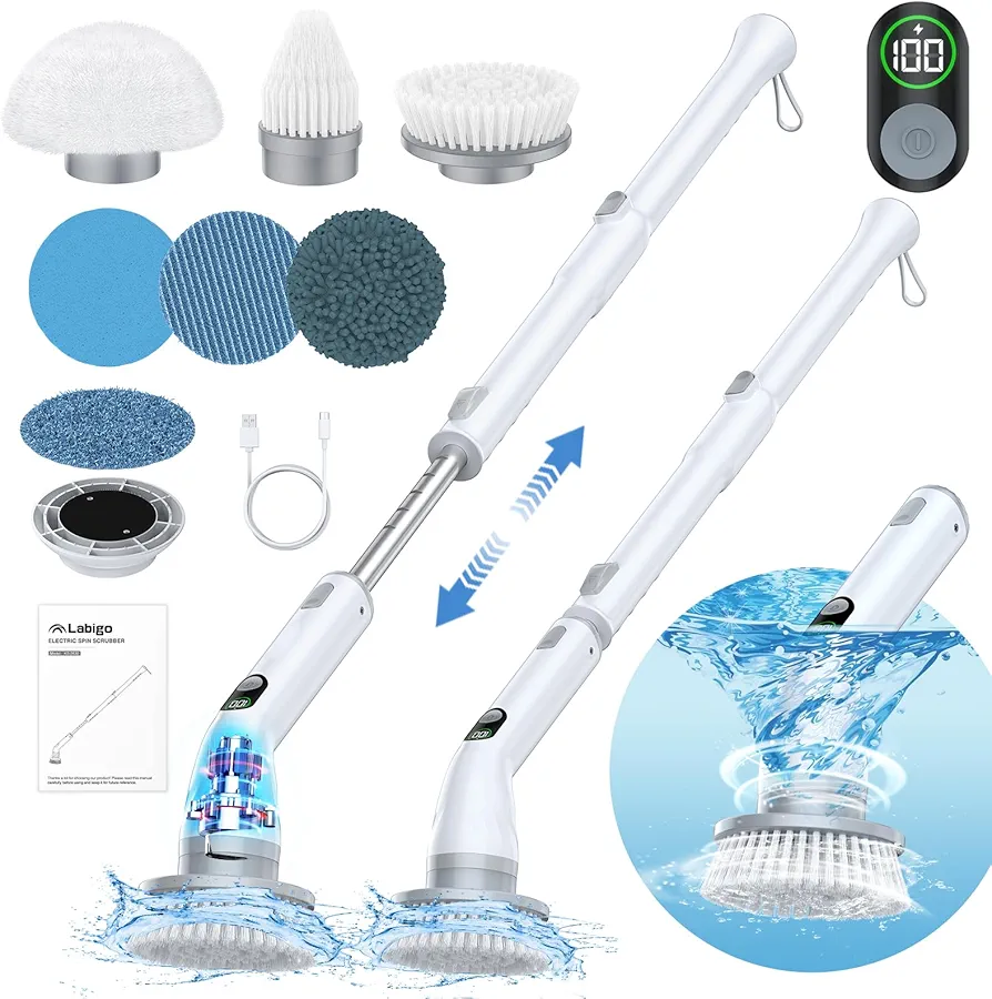 LABIGO Electric Spin Scrubber LA4 Pro, Dual Speed Bathroom Scrubber with Display & 6 Replacement Cleaning Heads, Cordless Power Scrubber with Adjustable & Detachable Handle for Bathroom Floor Tile