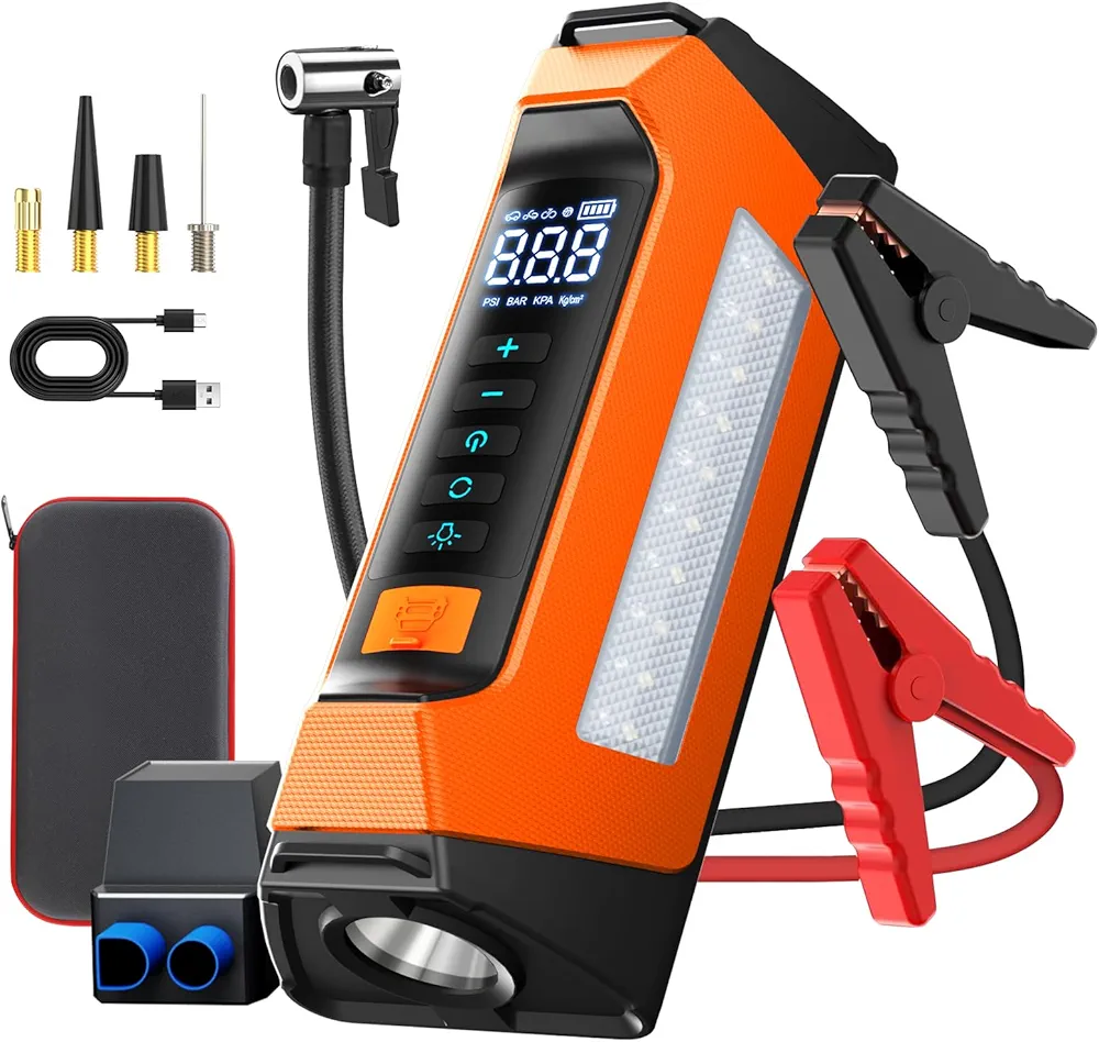 Car Jump Starter with Air Compressor 6000A, 400 Lumen LED Light and 180PSI Portable Battery Jump Box (9L Gas or 8L Diesel),12V Auto Tire Inflator Jumper Starter Combo with LCD Display (Orange)