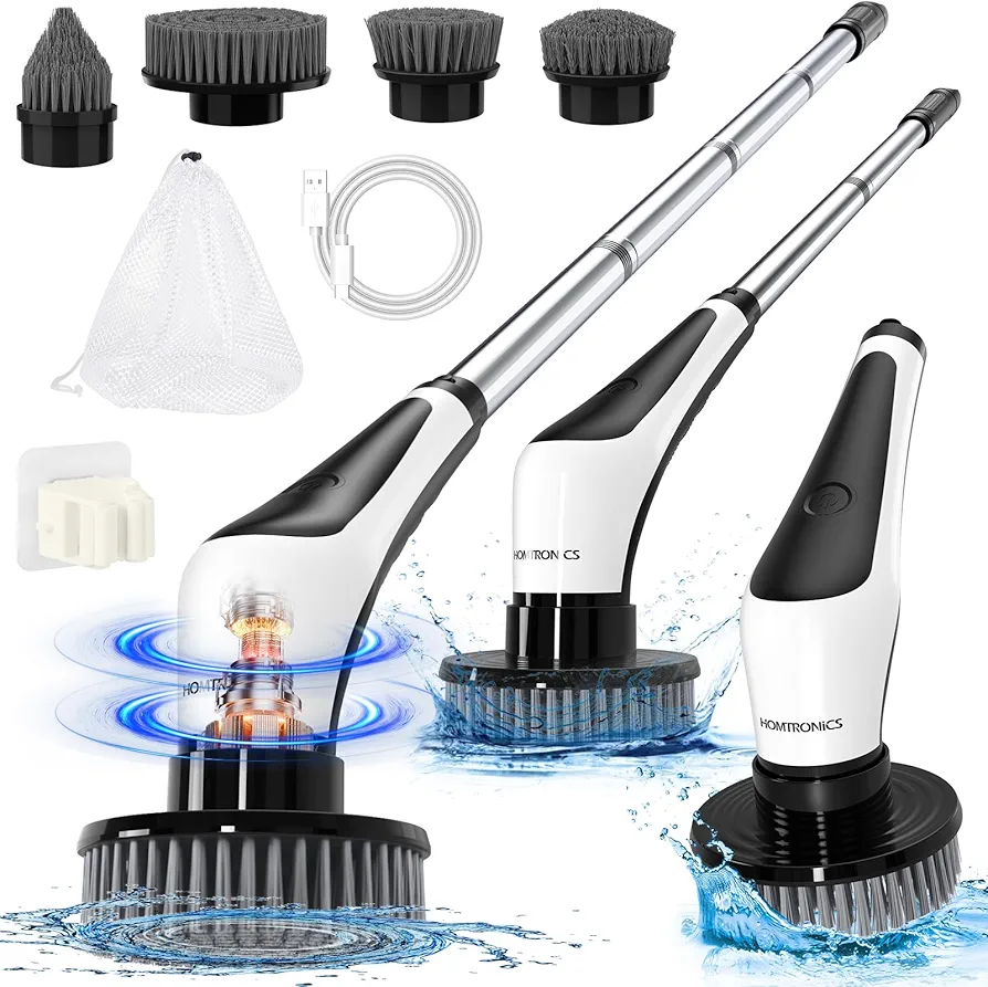 Electric Spin Scrubber, Cordless Cleaning Brush Scrubber for Home, Shower Scrubber with 4 Brush Heads, 2 Speed Mode, Electric Scrubber for Cleaning for Bathroom Floor Tile [IPX8 Waterproof] (Black)