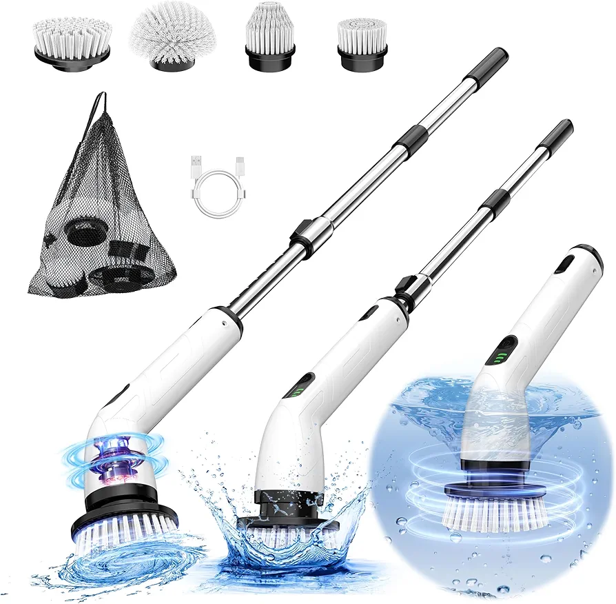 Electric Spin Scrubber, New Cordless Shower Cleaning Brush with Replaceable Brush Heads, Adjustable Speeds, and Adjustable Extension Rod for Bathroom