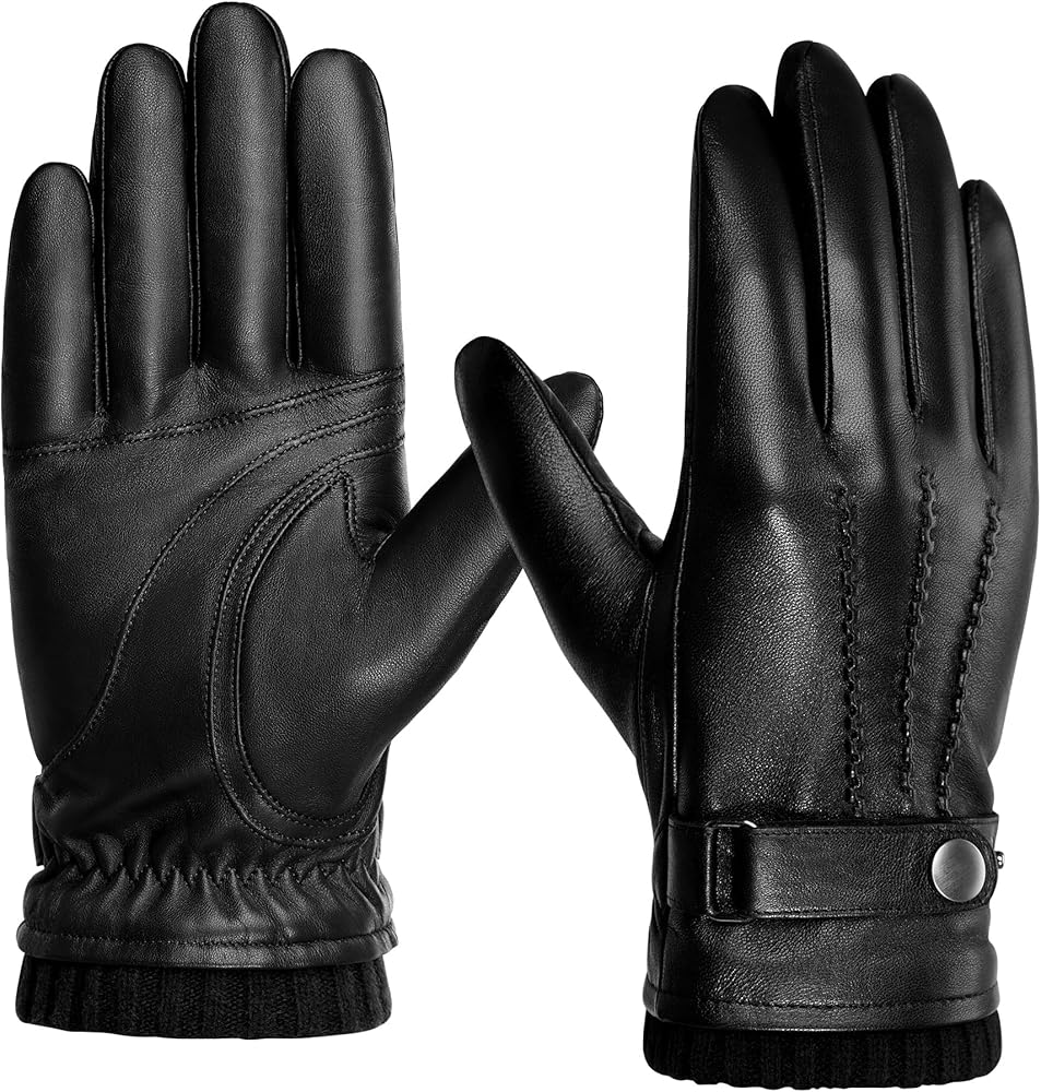 BISON DENIM Sheepskin Leather Gloves for Men, Winter Warm Touchscreen Gloves with Cashmere Lining, Driving Motorcycle Gloves