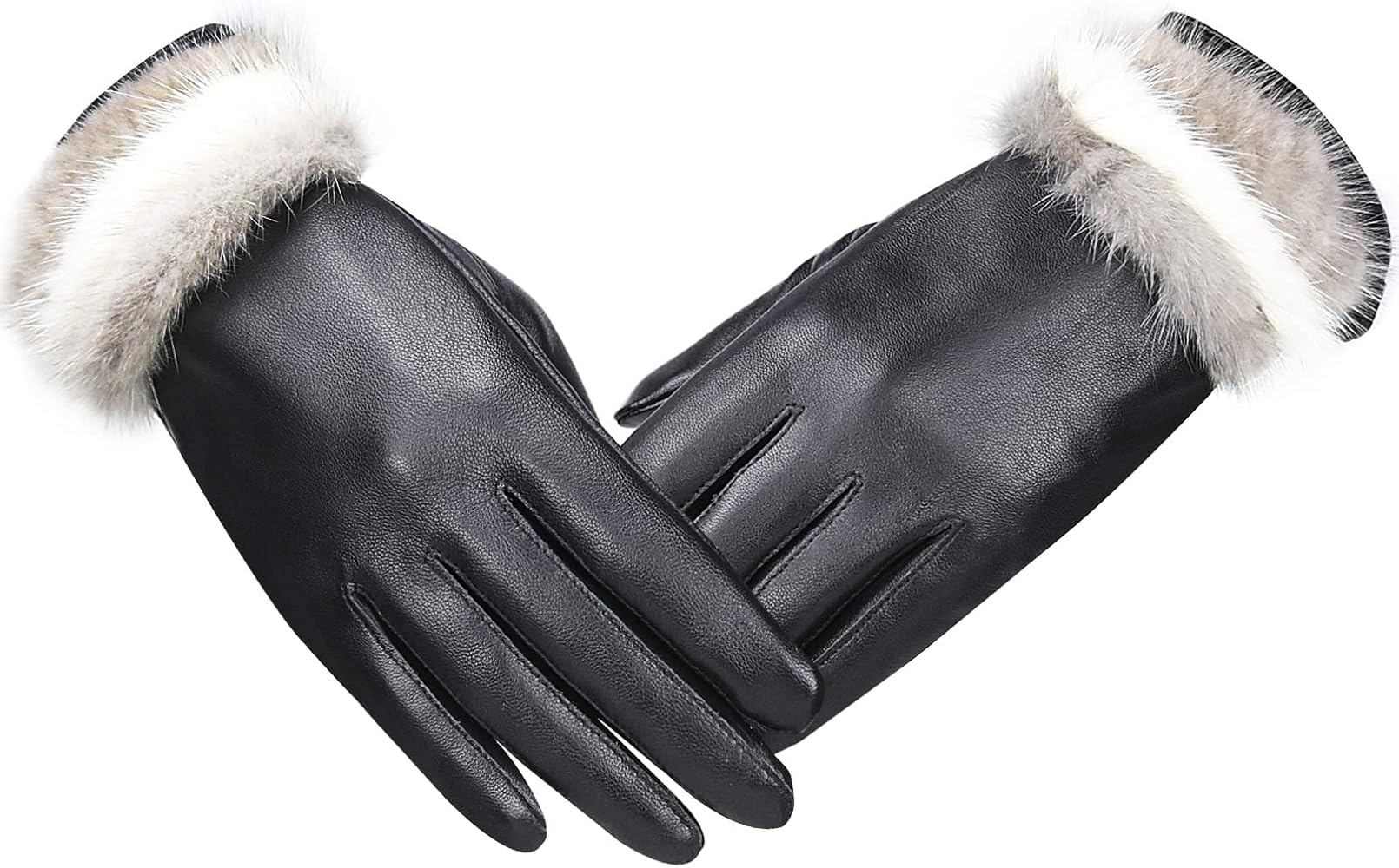 Winter Women's Touchscreen Lambskin Leather Gloves Mink Fur Cuff Cashmere Lining