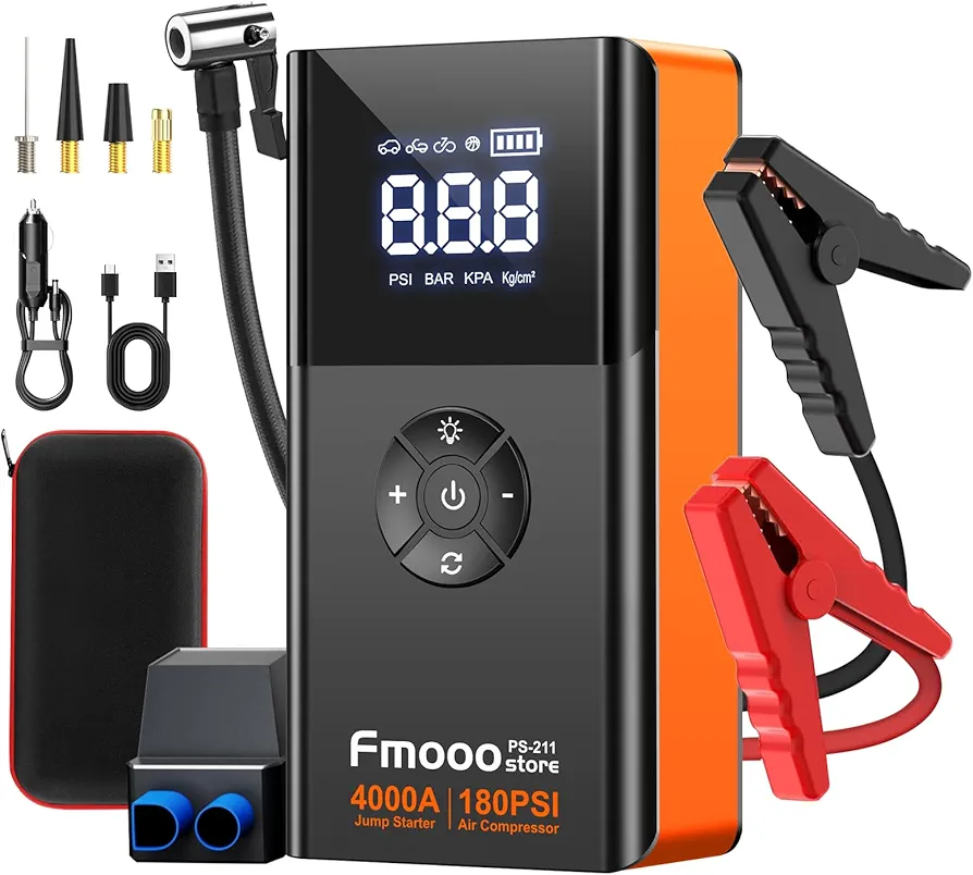 Portable Car Jump Starter with Air Compressor, 4000A 180PSI Car Battery Jump Starter Battery Pack (10L Gas/8L Diesel), 12V Car Jump Box Car Battery Jumper Starter, Large LCD Display,2 Lights (Orange)