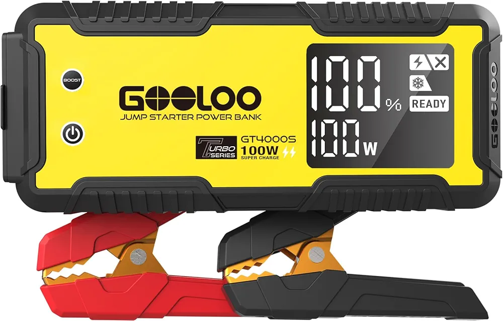 GOOLOO GT4000S Jump Starter 4000A Car Jumper Starter (Up to 10L Diesel 12L Gas Engines), 100W Fast-Charging Lithium Jump Box, SuperSafe Portable Car Battery Charger Power Bank for 12V Vehicles, Yellow