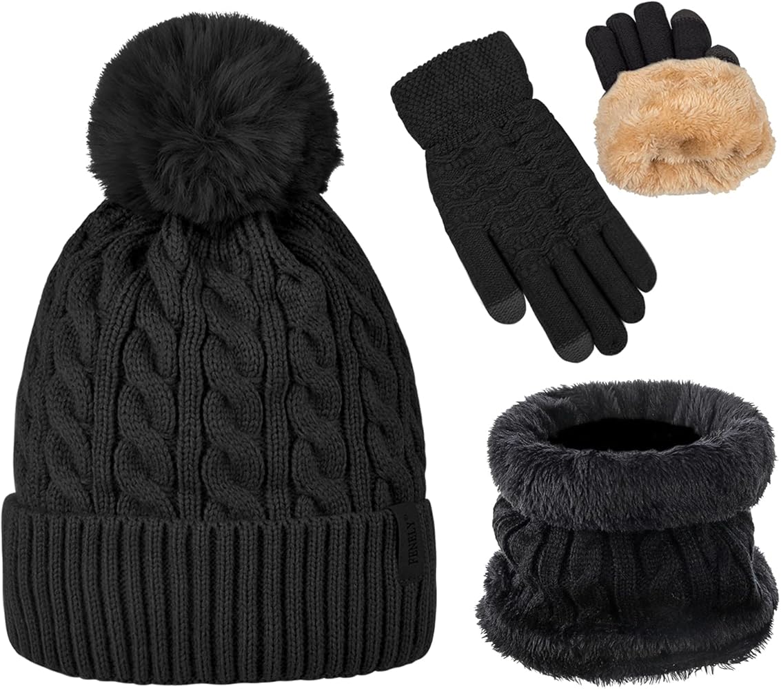 3Pcs Winter Women Beanie Hat Scarf and Touch Screen Gloves Sets Girls Classic Knit Warm Chunky Fleece Lined Cable Cap