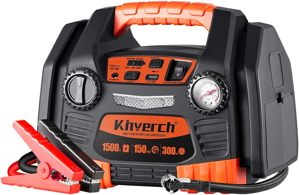 Car Battery Jump Starter with Air Compressor,Kinverch 1500 Peak Amp Battery Jumper Starter Portable with 150 PSI Tire Inflator 300W Inverter 2.4A USB Port,Auto Battery Booster LED Light Jump Starters