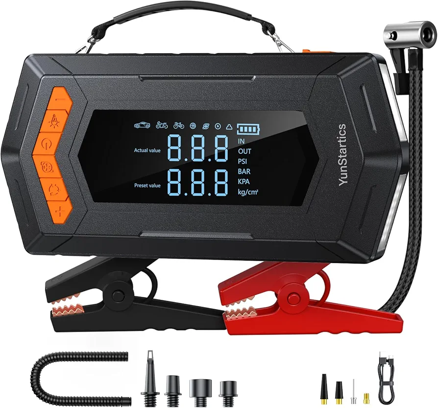 Jump Starter with Air Inflator/Deflator Compressor, 5000A Car Battery Jump Starter with Air Compressor 7-in-1 Jumper Box for 10L Gas/9L Diesel Vehicles with 150PSI Tire Inflator & 2 LED Lighting