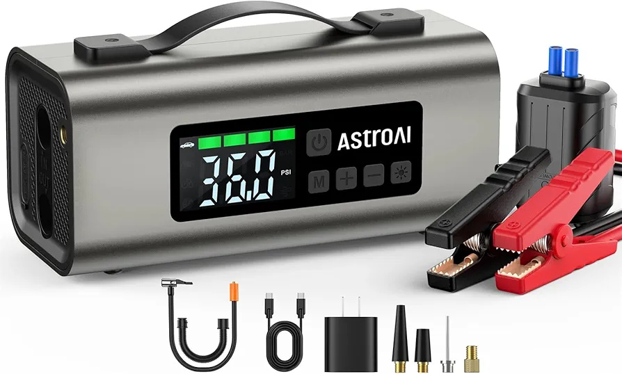 AstroAI Portable Car Jump Starter with Air Compressor 150PSI, 2500A Car Battery Jump Starter Pack Up to 7.5L Gas & 5.0L Diesel Engine, UL Certified, 12V Jump Box Car Battery with LCD Display, Lights