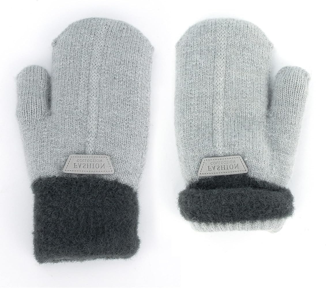 INOGIH Kids Double Layer Warm Knit Mittens Girls Boys Winter Outdoor Gloves for 3-7 Years