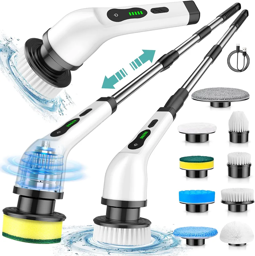 Electric Spin Scrubber, Cordless Cleaning Brush, Shower Scrubber with 9 Brush Heads 2H Power Dual Speed, Adjustable Extension Handle, IPX7 Waterproof for Tub Tile Floor Car, White-BF86