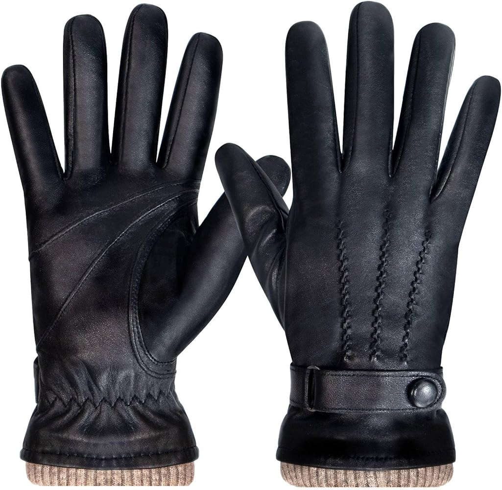 Mens Winter Gloves: Sheepskin Full Touchscreen Gloves Warm Wool Lined Leather Gloves Thermal Gifts for Dad or Husband