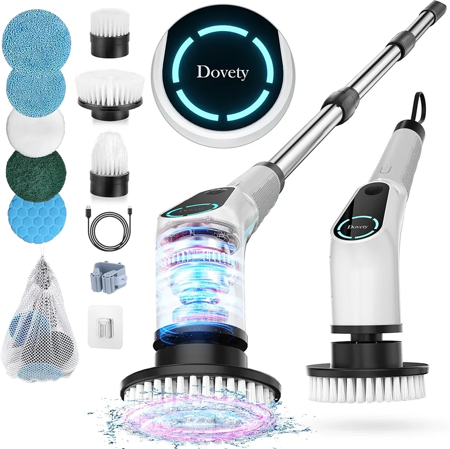 Electric Spin Scrubber, Cordless Cleaning Brush, Shower Scrubber with 8 Replaceable Brush Head, Power Cleaning Brush with Extension Handle, 2 Adjustable Speed, for Bathtub Grout Tile Floor