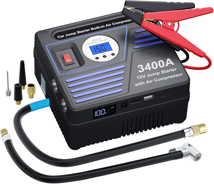 3400A Car Jump Starter with Air Compressor, Jump Starter Battery Pack 150PSI Tire Inflator, 24000mAh 12V Auto Battery Booster (10.0L Gas/ 9.0LDiesel Engine), 2 USB Port 2 Light