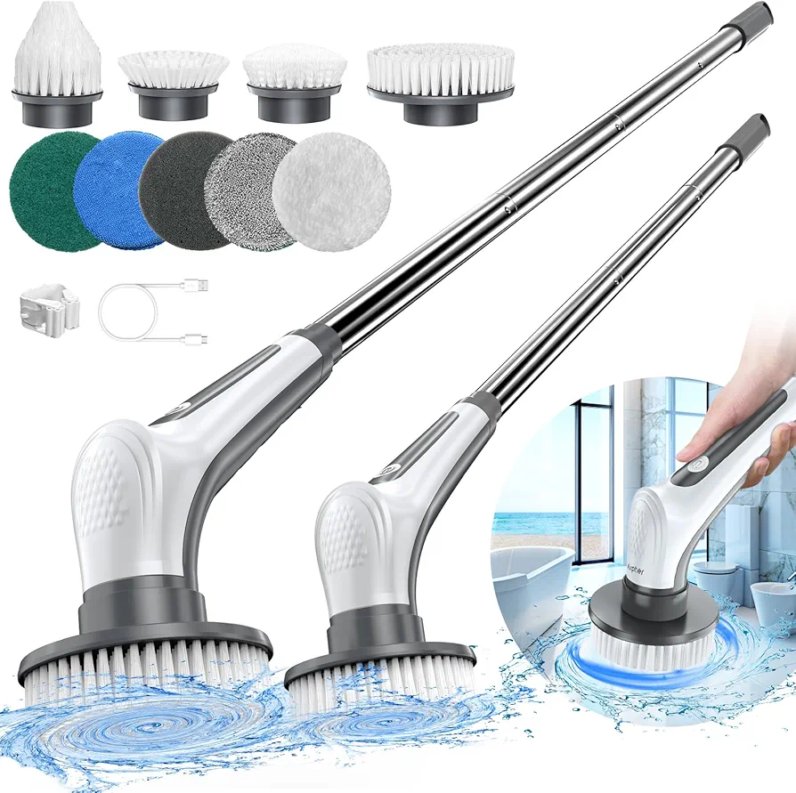 Electric Spin Scrubber, 10 in 1 Airpher Cordless Cleaning Brush IPX8 with 9 Replaceable Brush Heads and 4 Tier Removable Handle, Power Shower Scrubber for Bathroom, Tub, Tile, Floor, Kitchen, Window