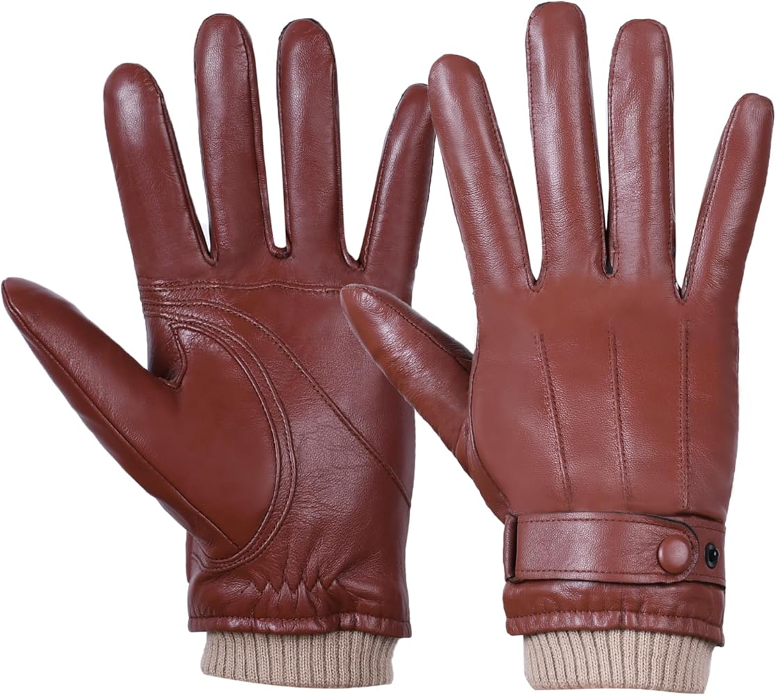 Winter Leather Gloves for Men,Sheepskin Thermal Cashmere Lining Touchscreen Driving Riding Gloves