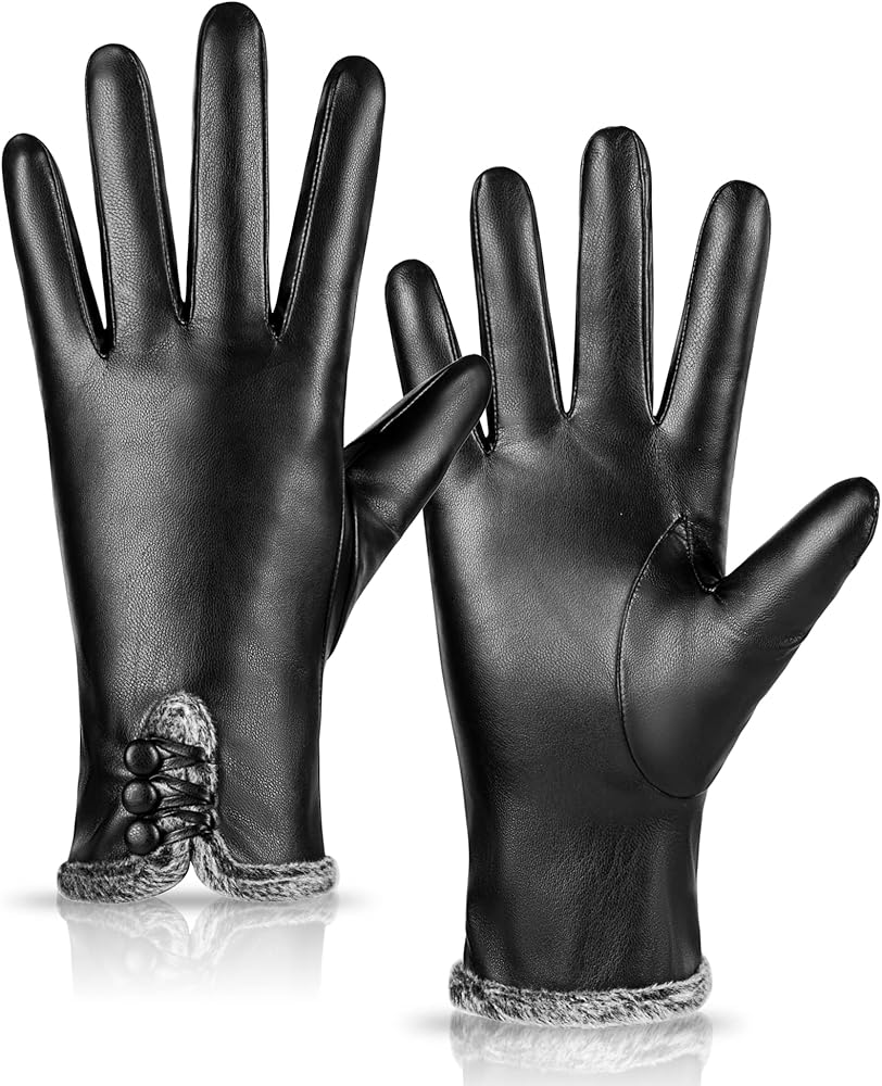 Womens Leather Gloves Fashion Cute, Gloves for Women Cashmere Lined, Winter Gloves for Women Touchscreen Driving