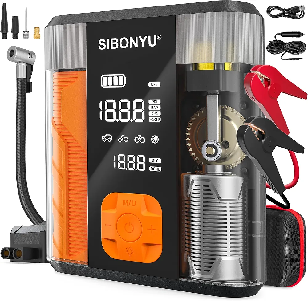 Portable Car Jump Starter with Air Compressor, 150PSI 2000A 6-IN-1 Car Battery Jump Starter (8.5 Gas/6.0L Diesel) Tire Inflator,12V Jump Box Car Battery Pack Jumper Starter,Large Display,Light