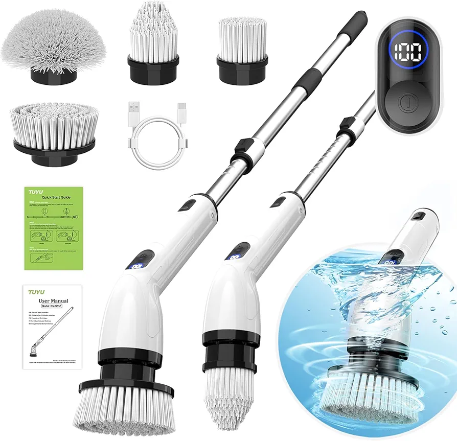 TUYU Electric Spin Scrubber, 2024 New Full-Body IPX7 Waterproof Bathroom Scrubber with Power LCD Display, Adjustable Extension Handle, Cordless Electric Cleaning Brush for Bathroom, Kitchen Cleaning