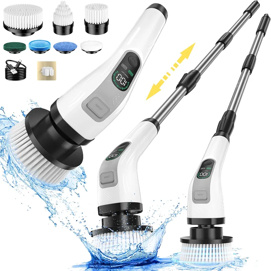 Electric Spin Scrubber, IPX7 Waterproof Power Shower Scrubber with Extension Handle, 7 Replaceable Brush Heads & 3 Hard Bristle Crevice Cleaning Brushes Cleaning Supplies for Bathroom Tub Tile Floor