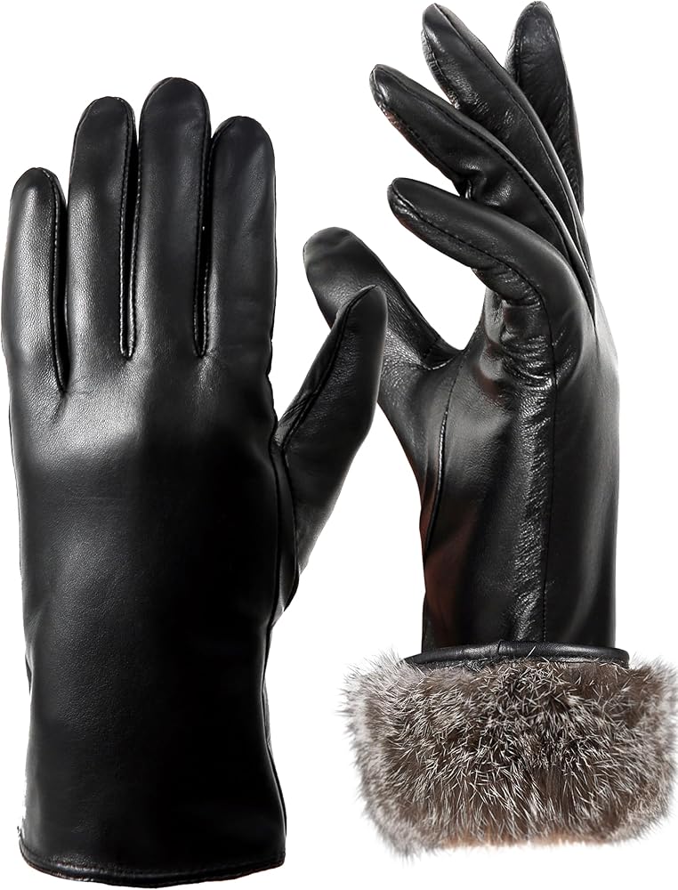 Extra-warm Fur Lined Leather Gloves Women Rabbit Fur Lining Touchscreen Driving Genuine Leather Gloves